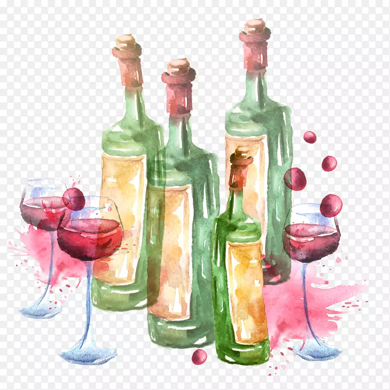红酒利口酒玻璃瓶彩绘酒瓶和酒杯
