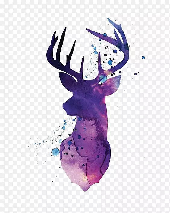 驯鹿白尾鹿剪影水彩画紫色水彩鹿