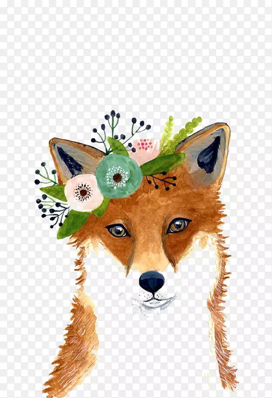 水彩画狐狸艺术画-植物狐
