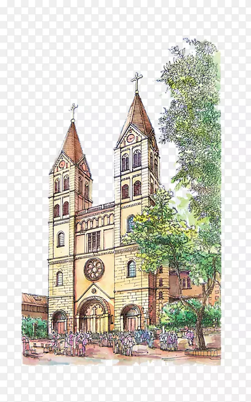 欧洲水彩画建筑-青岛天主教教堂手绘材料