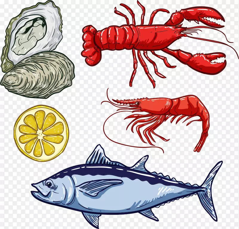 鱼龙虾海鲜插图.红龙虾和鱼