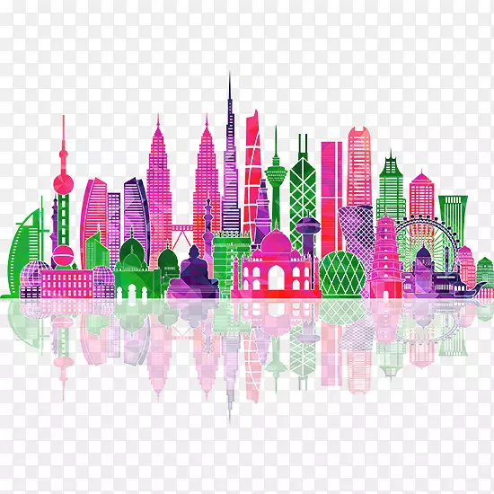 亚洲天际线剪影插图-彩色城市