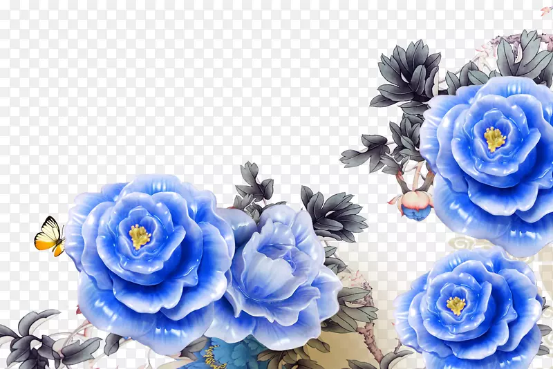 蓝玫瑰牡丹墙纸-玉牡丹