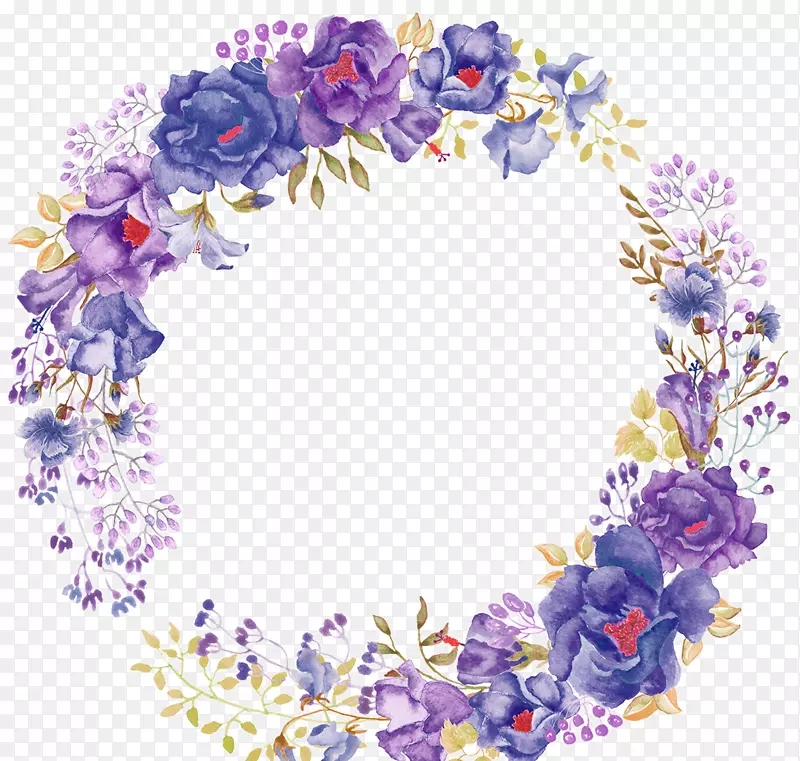 花紫色水彩画花环剪贴画-美丽的紫色彩绘花