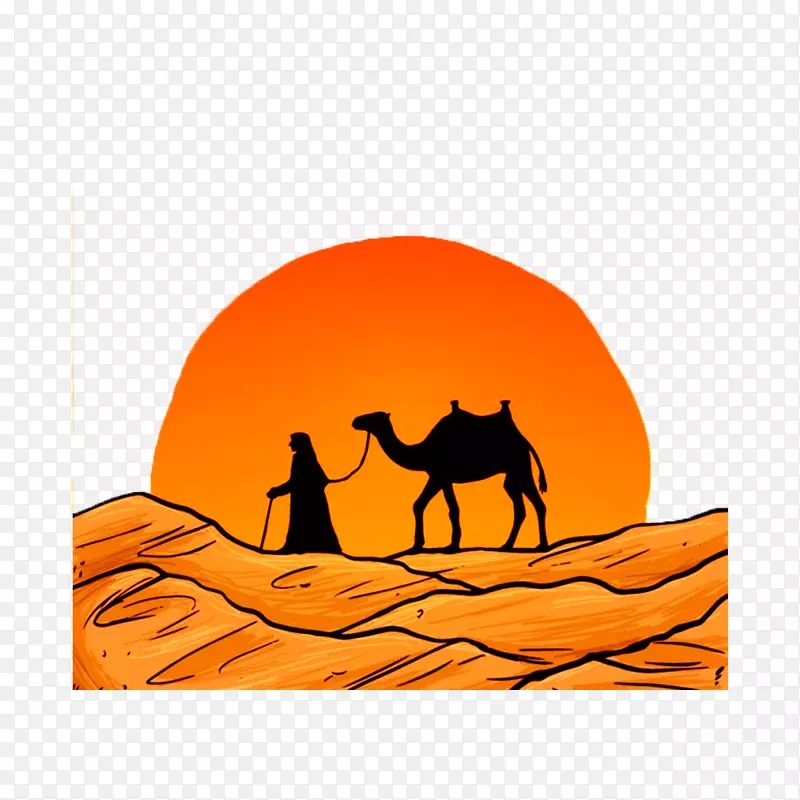 骆驼沙漠画绿洲.沙漠骆驼的手绘轮廓