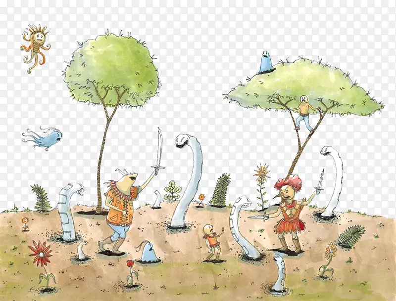 蛇树卡通插图.手绘的卡通蛇树和人