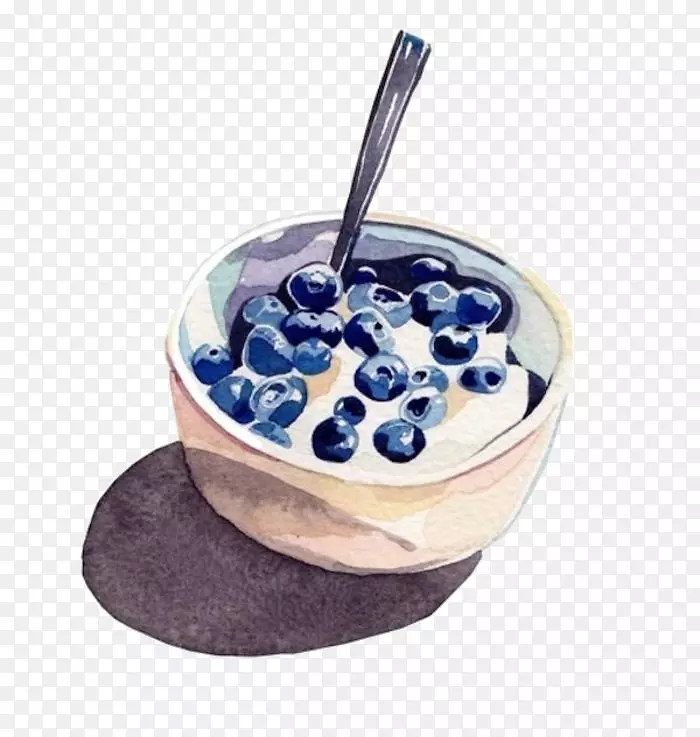 丰盛早餐椒盐卷饼水彩画插图手绘蓝莓冰淇淋