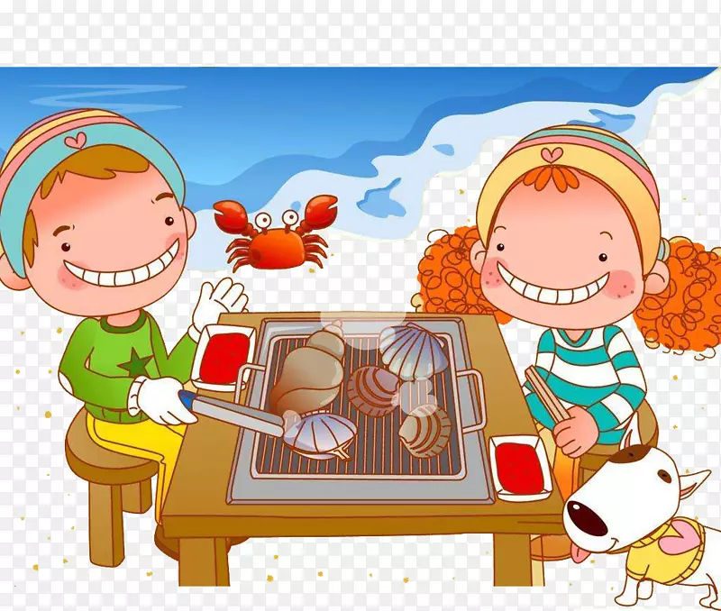 烧烤卡通插画-海滨儿童烧烤图案