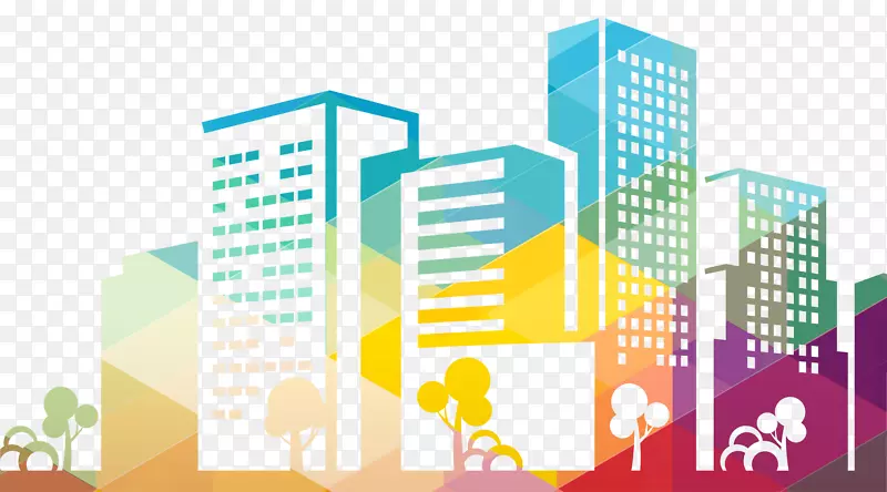 剪影城市景观建筑图标-彩色城市建筑中空背景