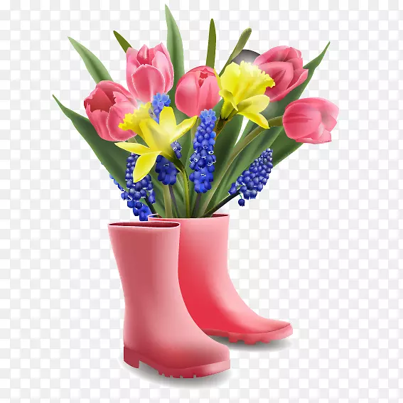 花郁金香，剪贴画-粉红色雨靴和郁金香