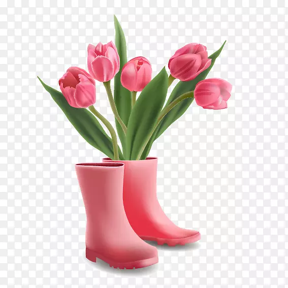郁金香-粉红色雨靴和郁金香