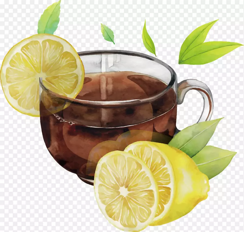 绿茶水彩画柠檬水彩一杯柠檬茶柠檬