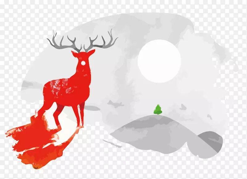 驯鹿图形设计插图-鹿日落