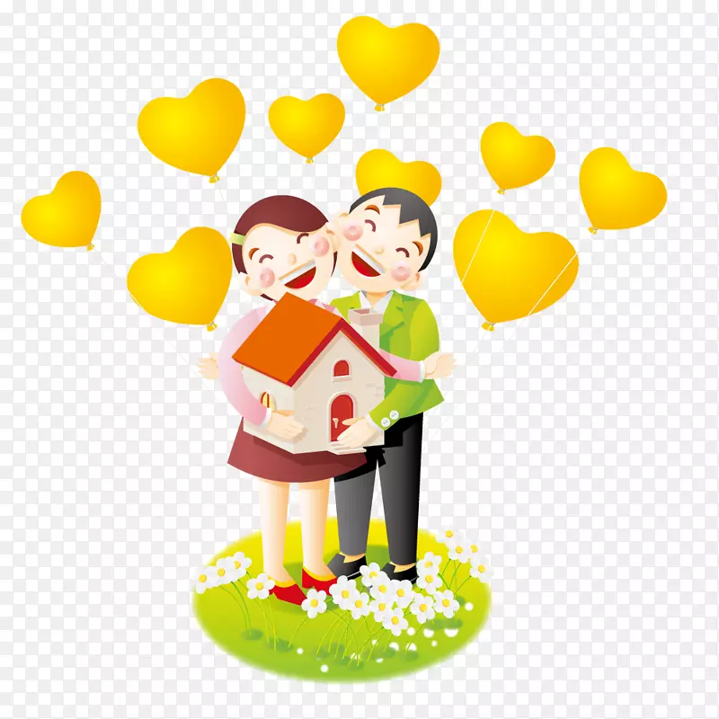 卡通插画-相爱的情侣抱着房子