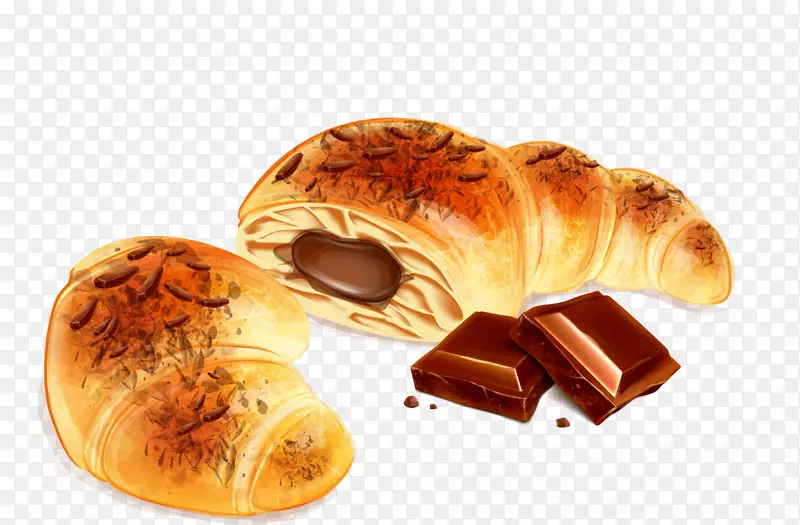 牛角面包店海报插图-彩绘牛角面包和巧克力