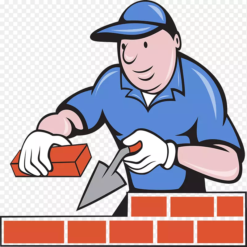 砖匠共济会剪贴画-一幅建筑工人在方形砖墙上的卡通插图