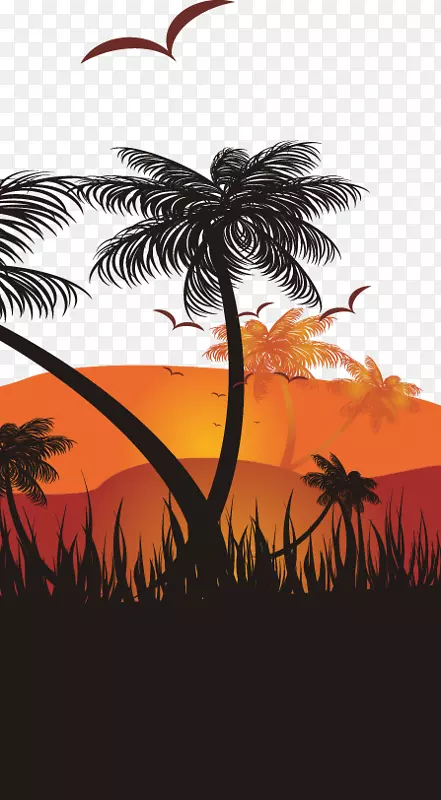 日落图形设计插图.抽象椰子树图案