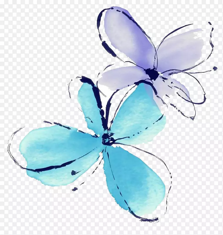 水彩画花蓝色插图手绘蓝色蝴蝶