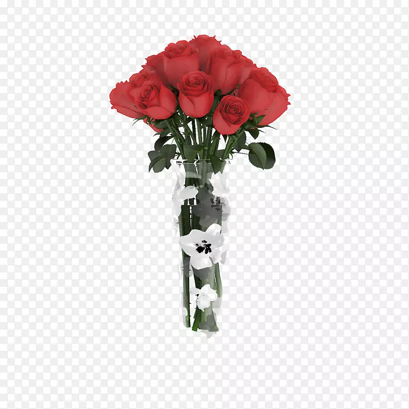 花园玫瑰花瓶花束-透明花瓶；新鲜花束