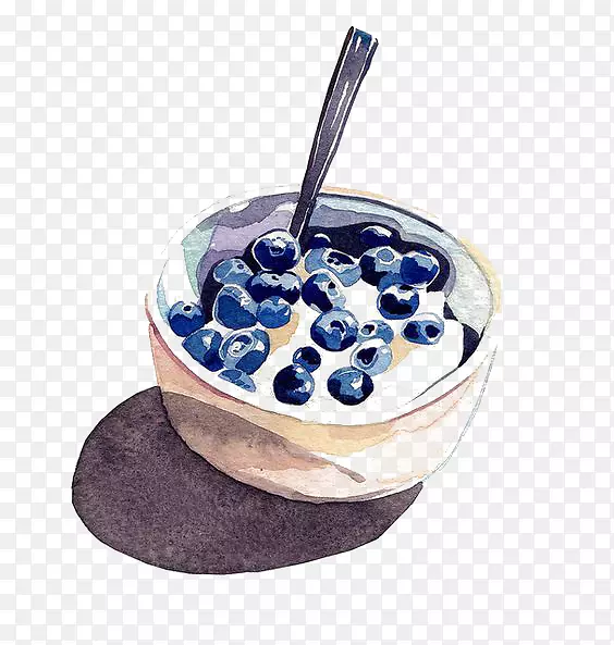 丰盛早餐椒盐卷饼水彩画插图蓝莓酸奶