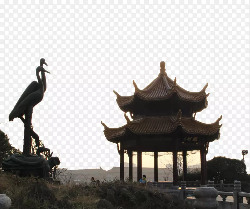 黄鹤楼武汉长江大桥武昌区雕像-黄鹤楼前吊车塑像和小亭