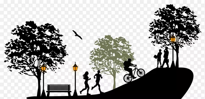 城市公园剪影-手绘剪影在公园自行车场景中奔跑