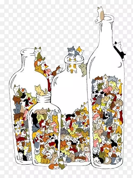 猫t恤画插画瓶，许愿瓶，小清新，美观，手绘。