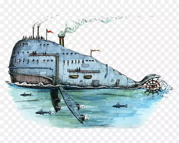 蒸汽朋克纸鲸画图-鲸鱼游轮