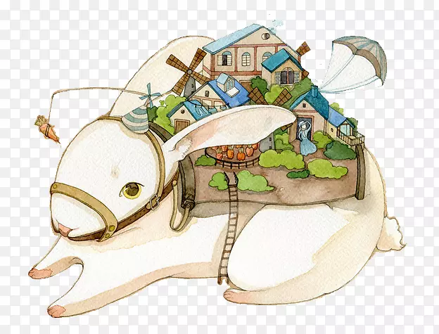 水彩画镇插图-兔子携带一个小镇