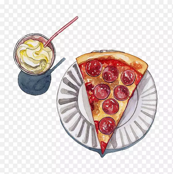 比萨饼食品水彩画插图.比萨饼