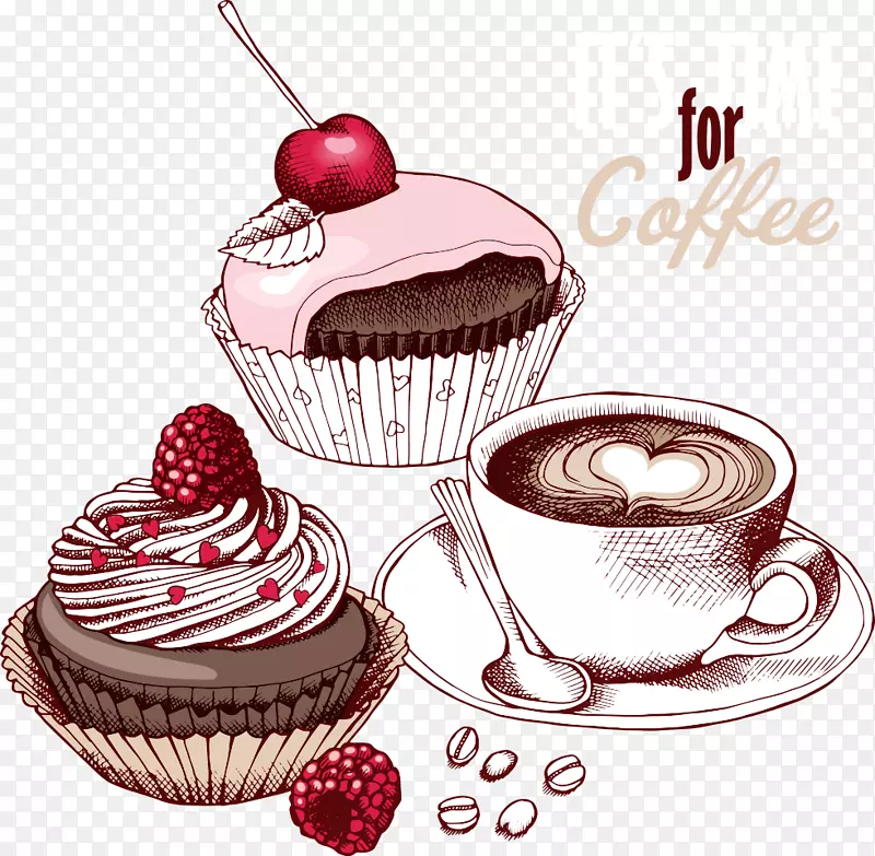 咖啡杯蛋糕水果蛋糕巧克力蛋糕茶蛋糕和咖啡