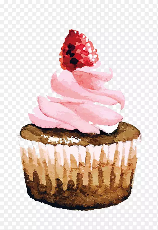纸杯蛋糕草莓奶油蛋糕生日蛋糕水彩画草莓奶油蛋糕