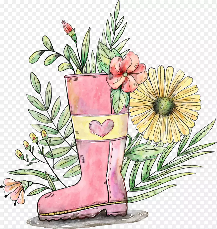 园艺花卉水彩画.手绘粉红靴子