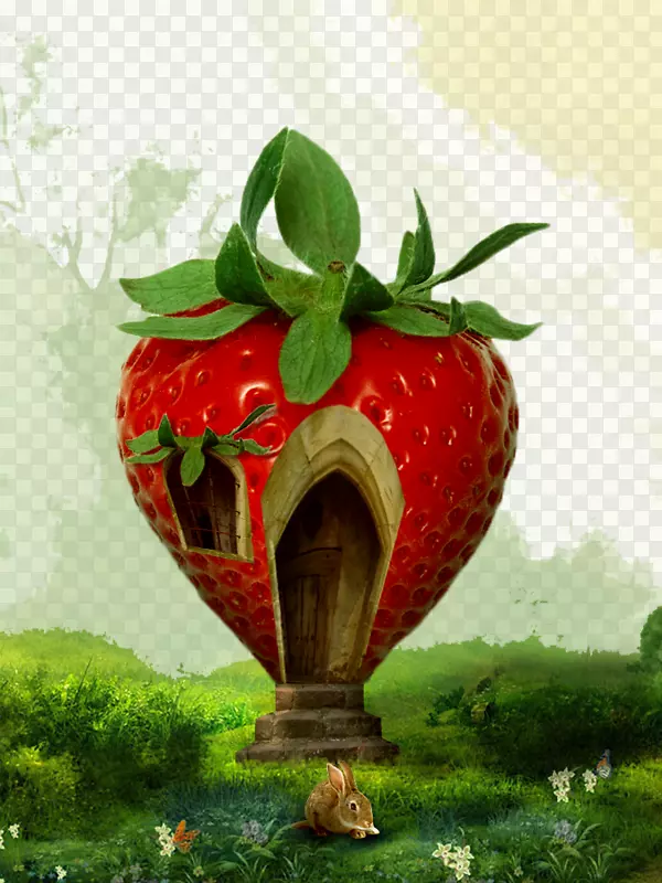 草莓水果-可爱的卡通草莓屋背景
