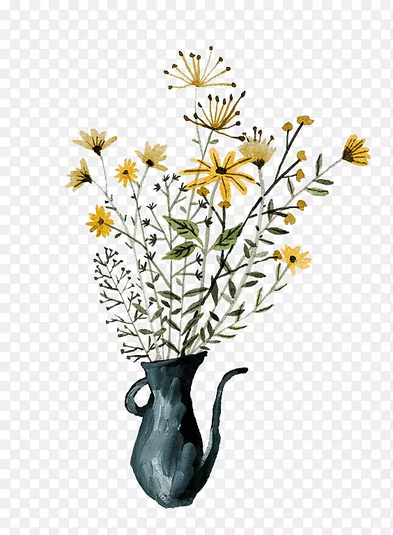 水彩画艺术插图.卡通菊花花瓶