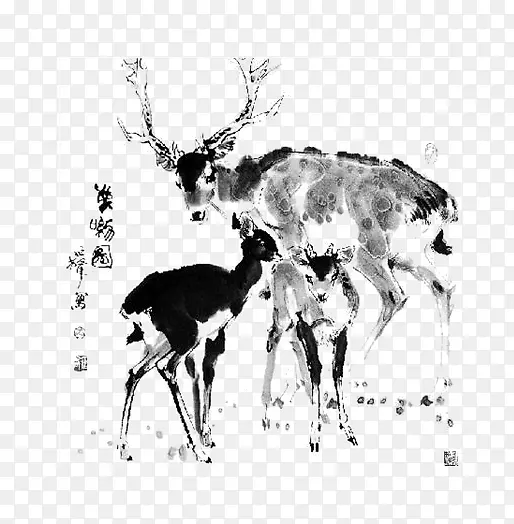 驯鹿画水墨画-画笔鹿PNG