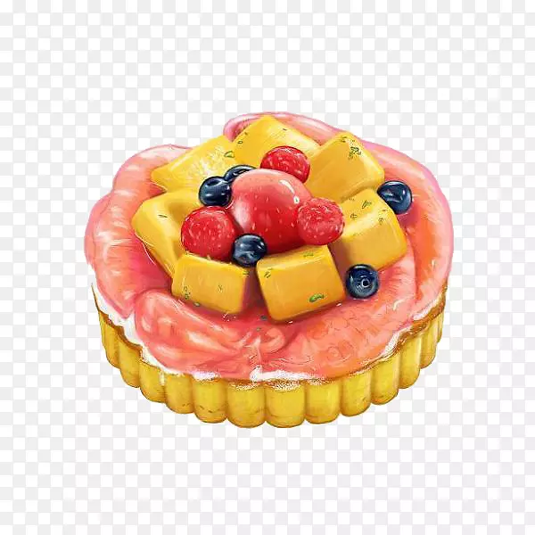 水果蛋糕馅饼甜点水彩画-葡萄柚甜品塔