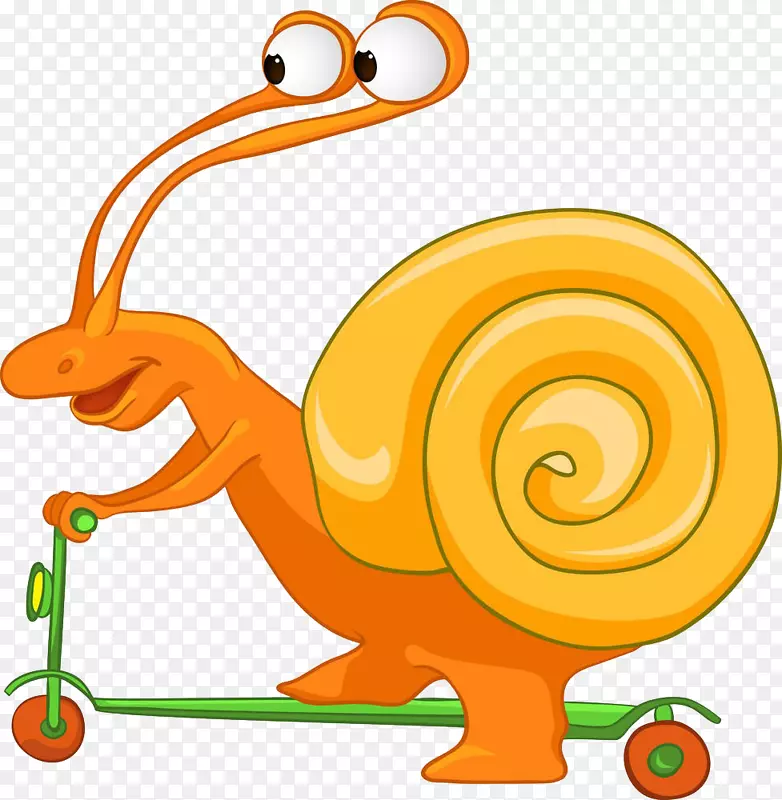 卡通蜗牛免费插画-蜗牛玩手推车