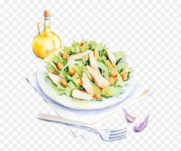 早餐水彩画食品插图-蔬菜沙拉