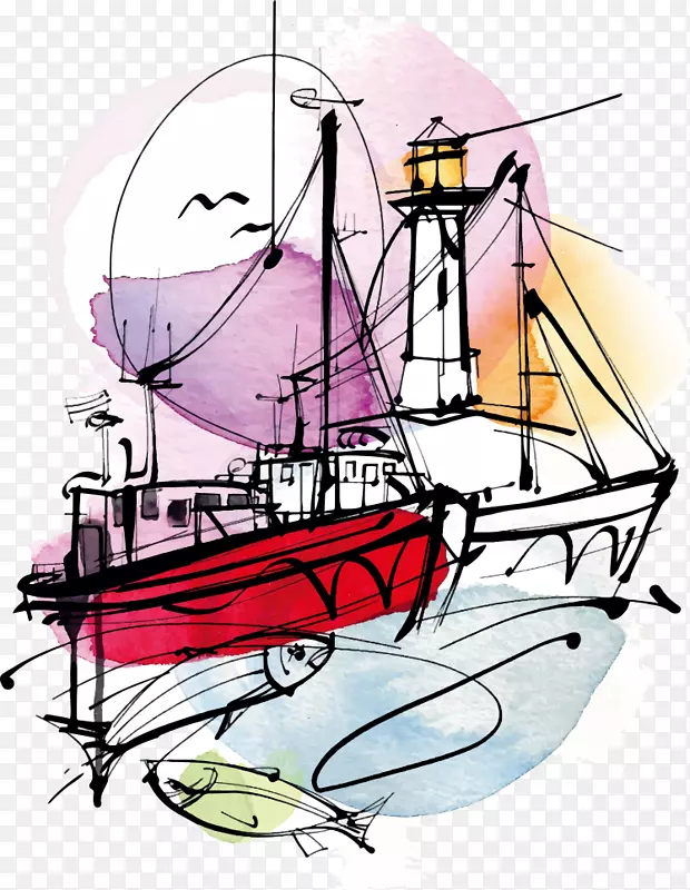 水彩画-船和灯塔