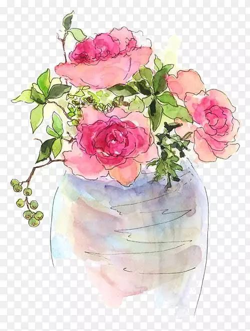 水彩画：花卉艺术家交换卡片水彩画卡通画粉红玫瑰花瓶