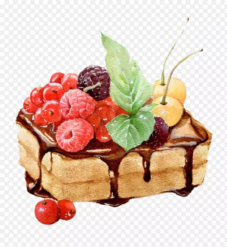 巧克力蛋糕黑森林古堡水彩画-蓝莓巧克力蛋糕