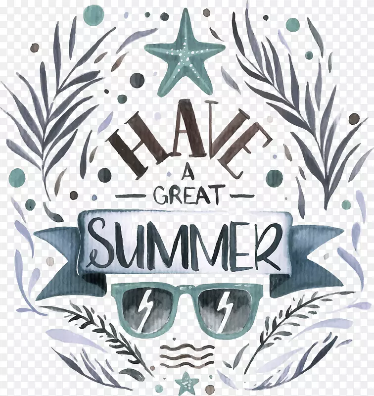 水彩画海报插图-太阳镜，棍棒，夏季海报