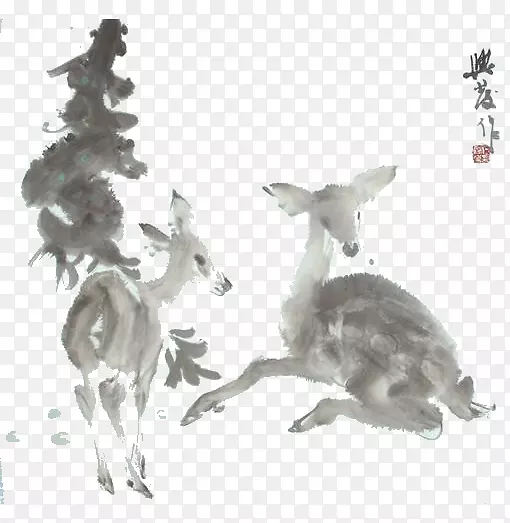 驯鹿水墨画-水墨画鹿PNG