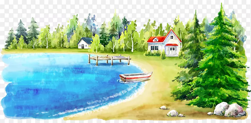 水彩画福基海滩插图-手绘沙滩风景