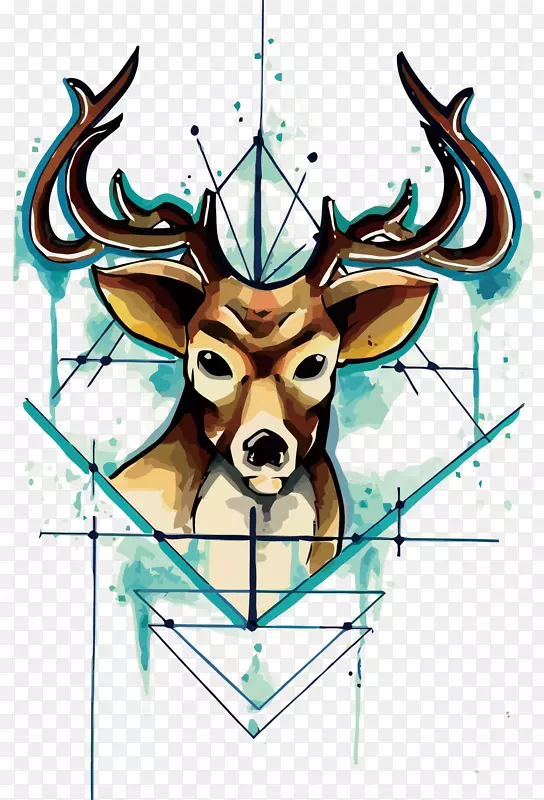 鹿独角兽纹身画水彩画鹿头