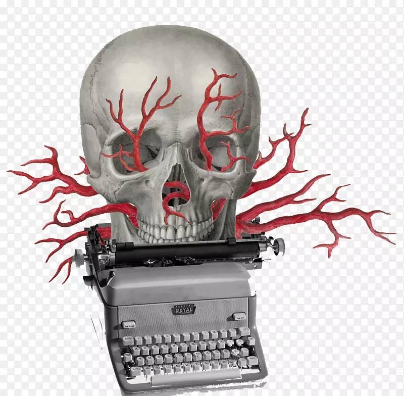 纸打字机拼贴插图.创造性头骨打字机