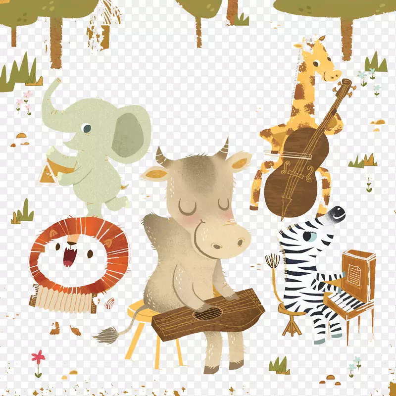 长颈鹿狮子画插图.手绘大象、狮子、斑马