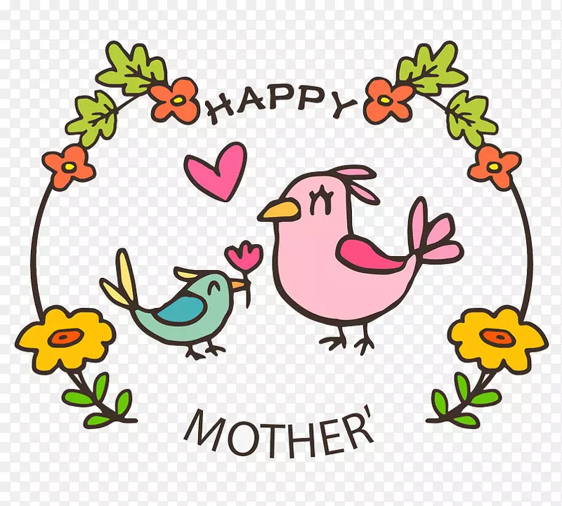 母亲节t恤礼品夹艺术-卡通鸟妈妈和鸟
