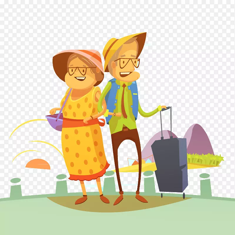 旅游版税-免费摄影插画-老年夫妇旅游卡通